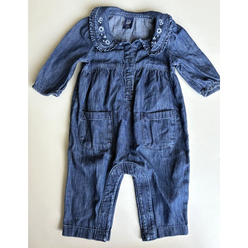 Baby Gap Blue Denim Look Romper 3-6 Months Embroidered Collar Long Sleeve